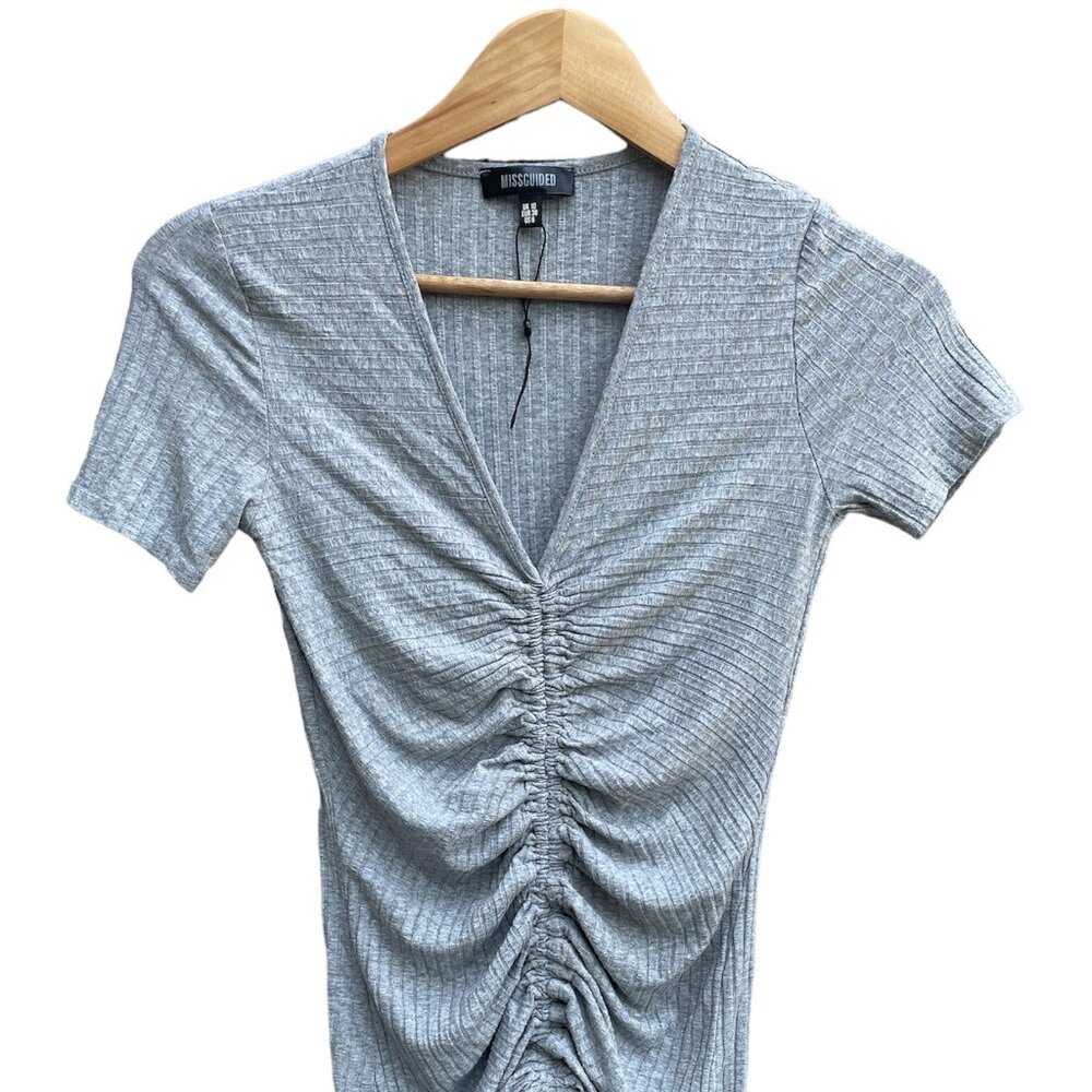 Missguided Womens Ribbed V Neck Short Sleeve Knit Dress Grey Size US 6